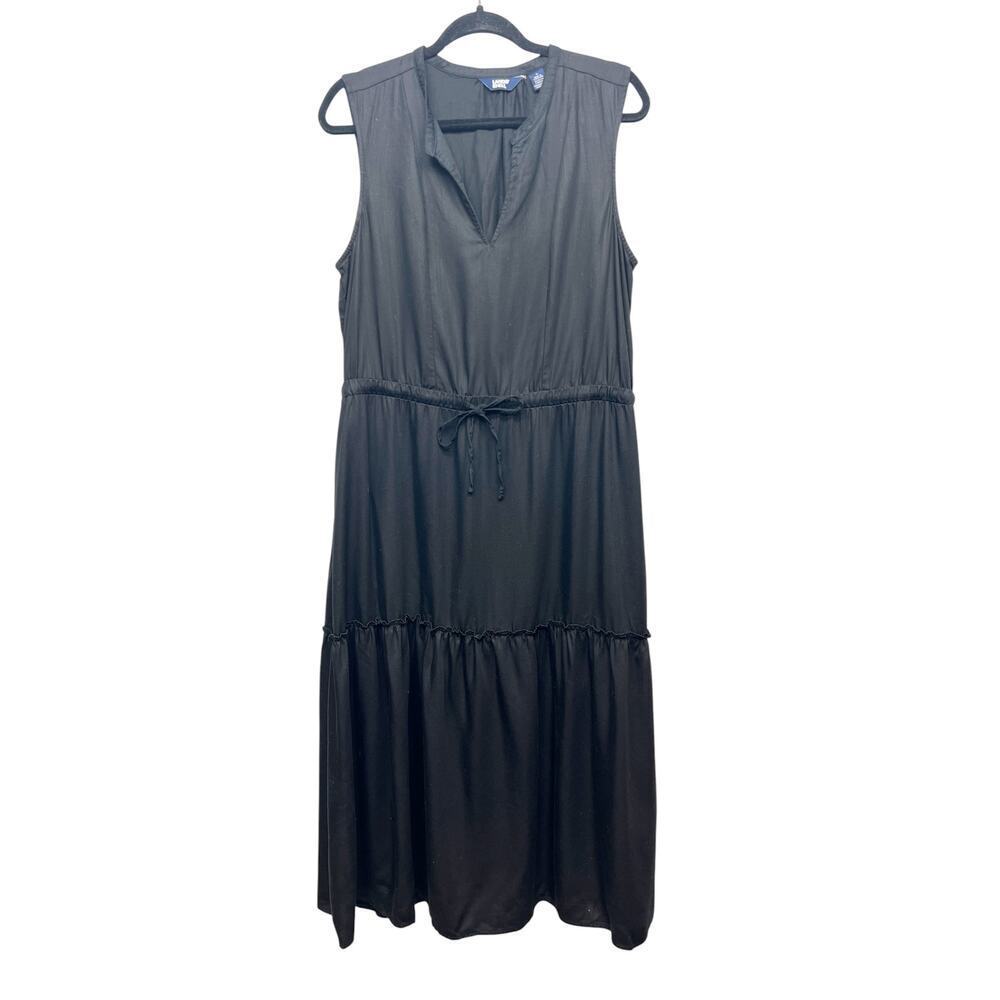 Lands' End Tiered Black Chambray Maxi Dress Womens Large Dark Cottage Boho
